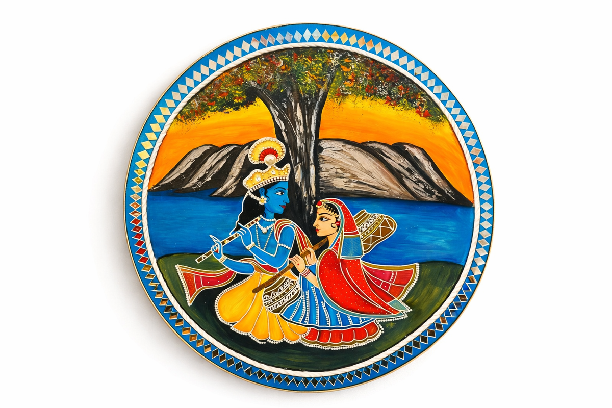 Handcrafted Radha Krishna Wooden Wall Plate; 18"  Hindu Wall Art - Ira World Art LLC