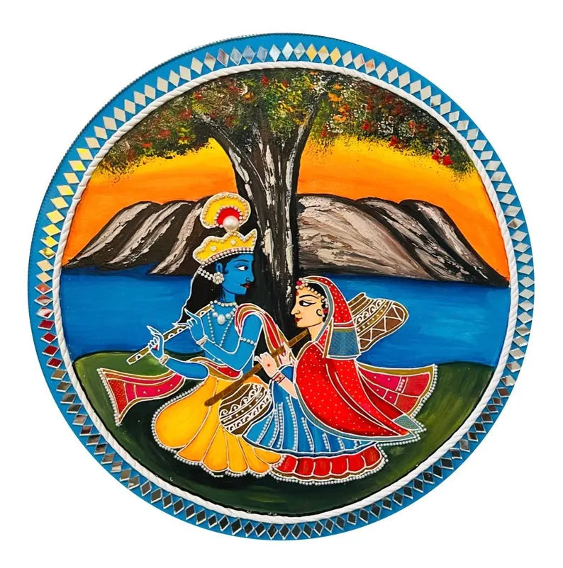 Handcrafted Radha Krishna Wooden Wall Plate; 18"  Hindu Wall Art - Ira World Art LLC