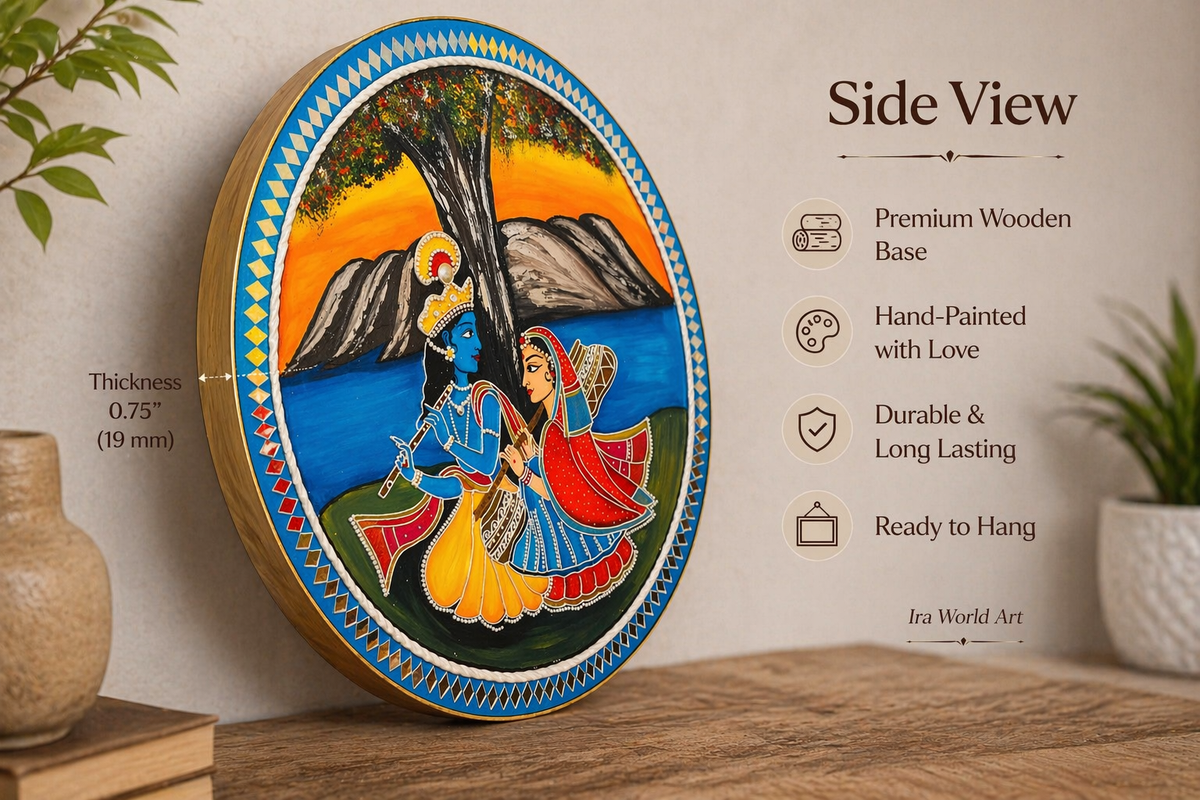 Handcrafted Radha Krishna Wooden Wall Plate; 18"  Hindu Wall Art - Ira World Art LLC