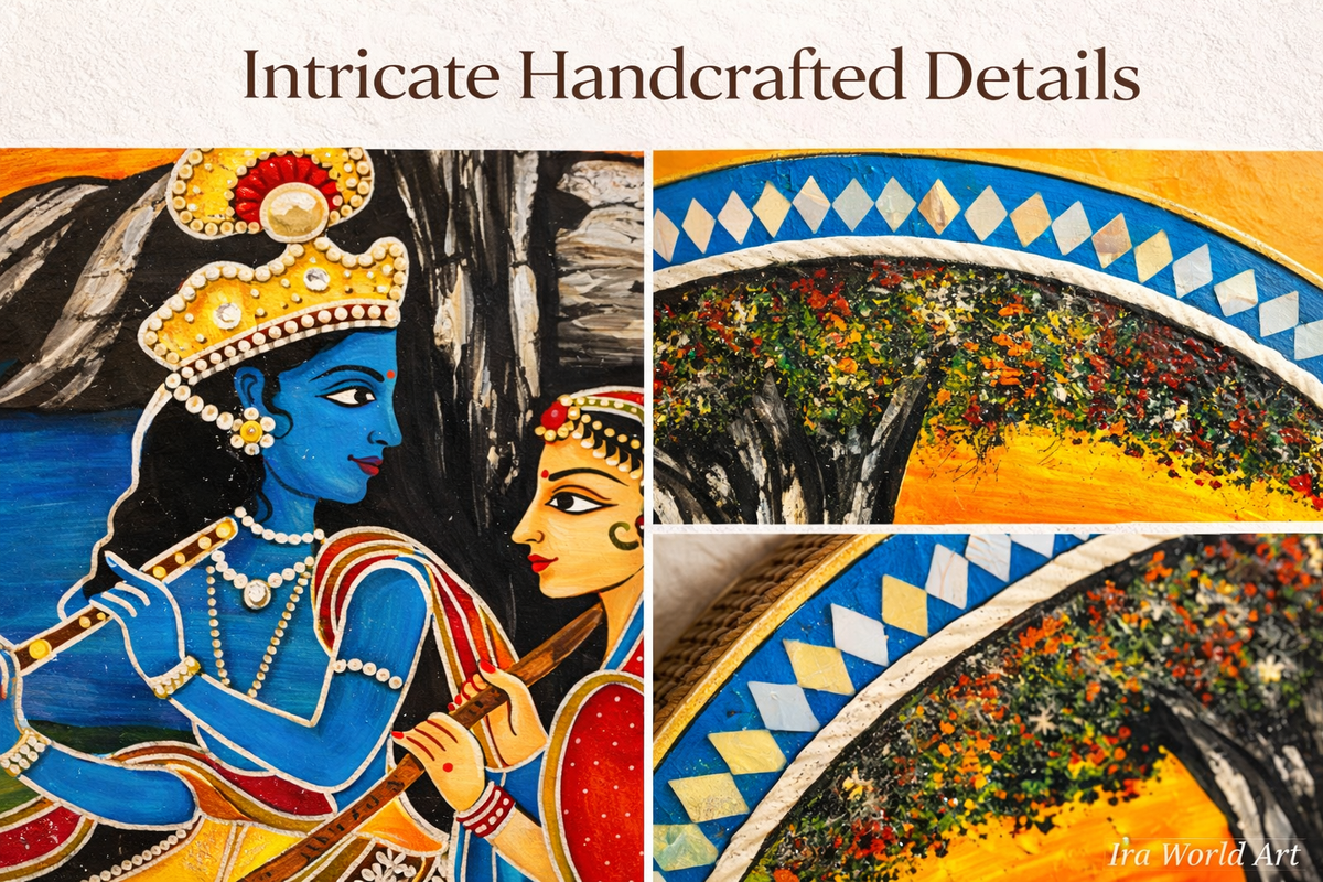 Handcrafted Radha Krishna Wooden Wall Plate; 18"  Hindu Wall Art - Ira World Art LLC