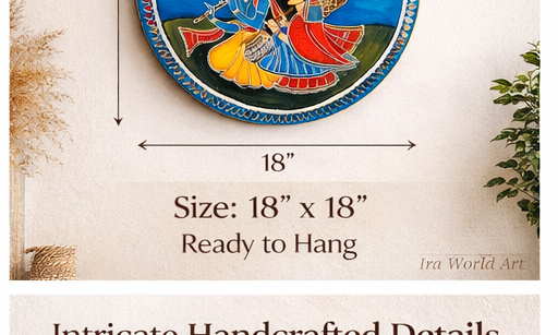 Handcrafted Radha Krishna Wooden Wall Plate; 18"  Hindu Wall Art - Ira World Art LLC