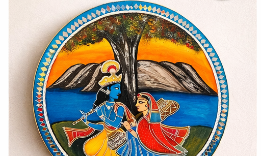 Handcrafted Radha Krishna Wooden Wall Plate; 18"  Hindu Wall Art - Ira World Art LLC