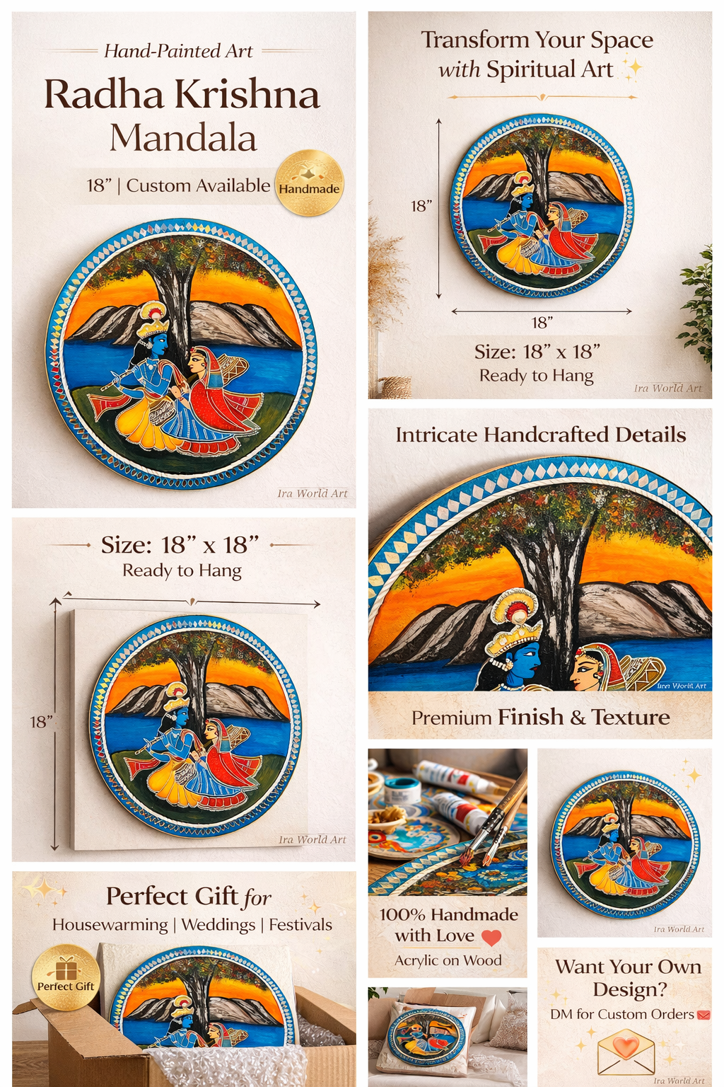 Handcrafted Radha Krishna Wooden Wall Plate; 18"  Hindu Wall Art - Ira World Art LLC