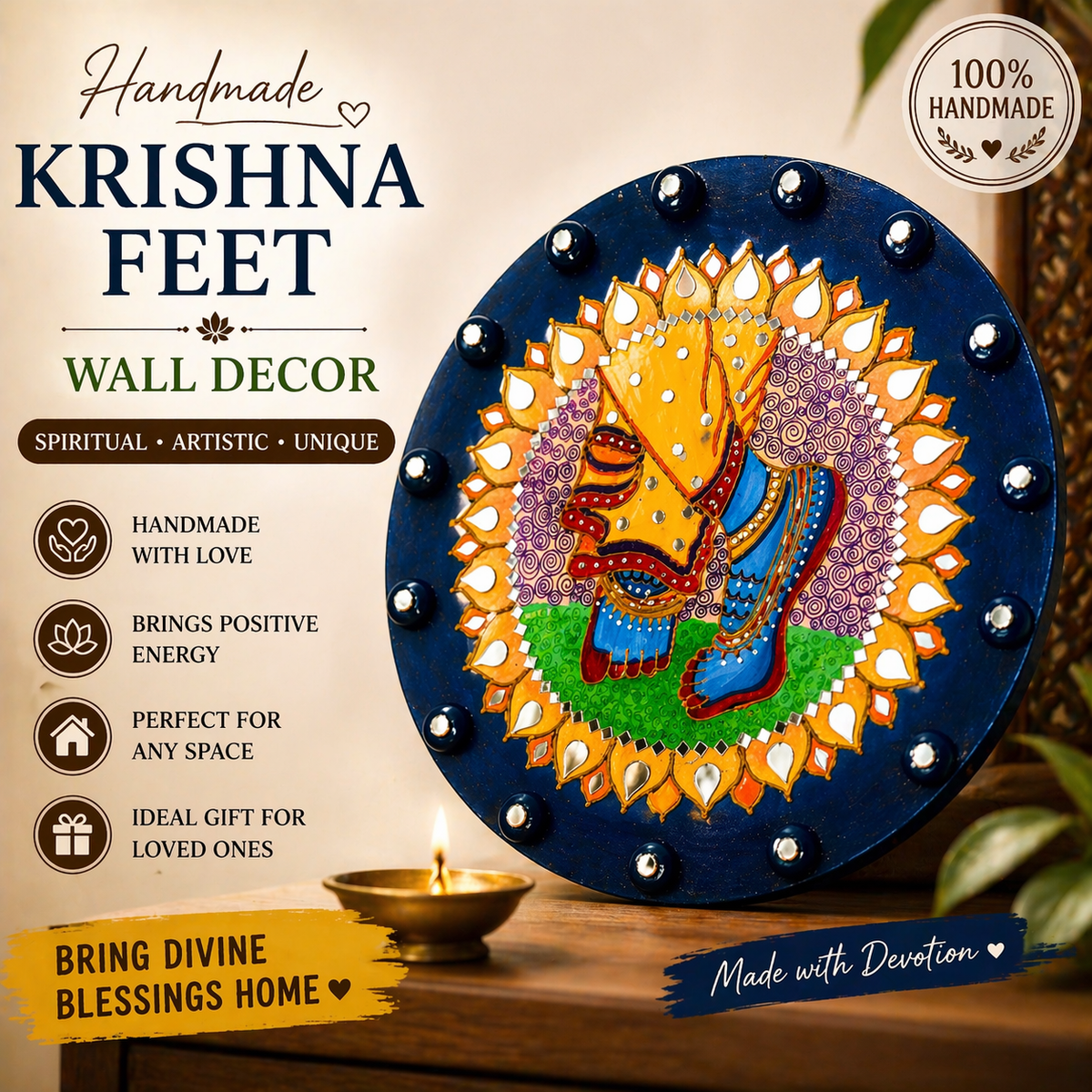 Handmade Krishna Feet Wall Decor - Spiritual Indian Hindu Mandala Art Painting, Pooja Gift - Ira World Art LLC