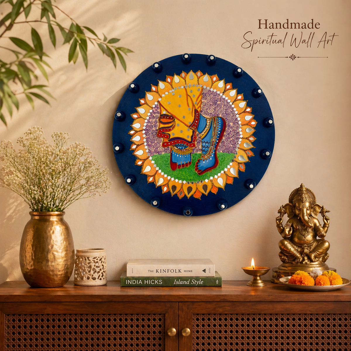 Handmade Krishna Feet Wall Decor - Spiritual Indian Hindu Mandala Art Painting, Pooja Gift - Ira World Art LLC