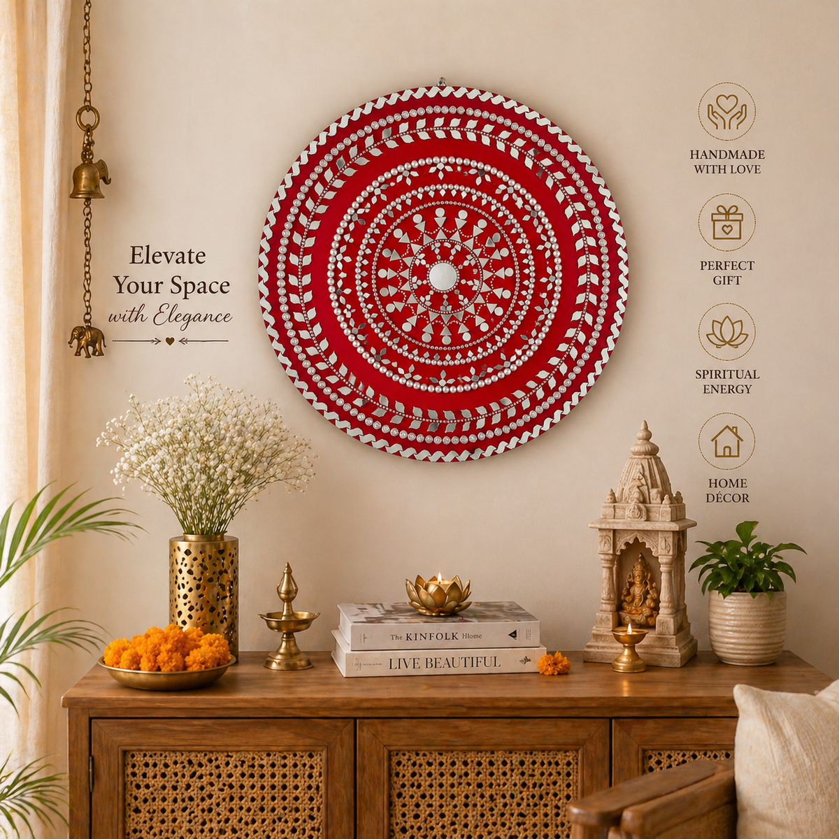Handmade Mandala Wall Mirror - Indian Wooden Wall Art, Decorative Art Decor - Ira World Art LLC