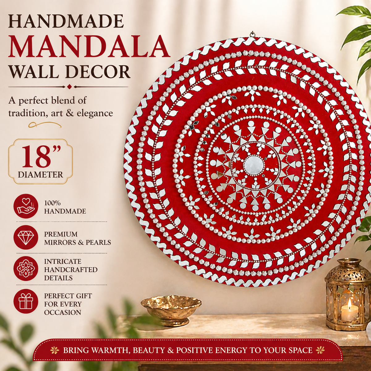 Handmade Mandala Wall Mirror - Indian Wooden Wall Art, Decorative Art Decor - Ira World Art LLC