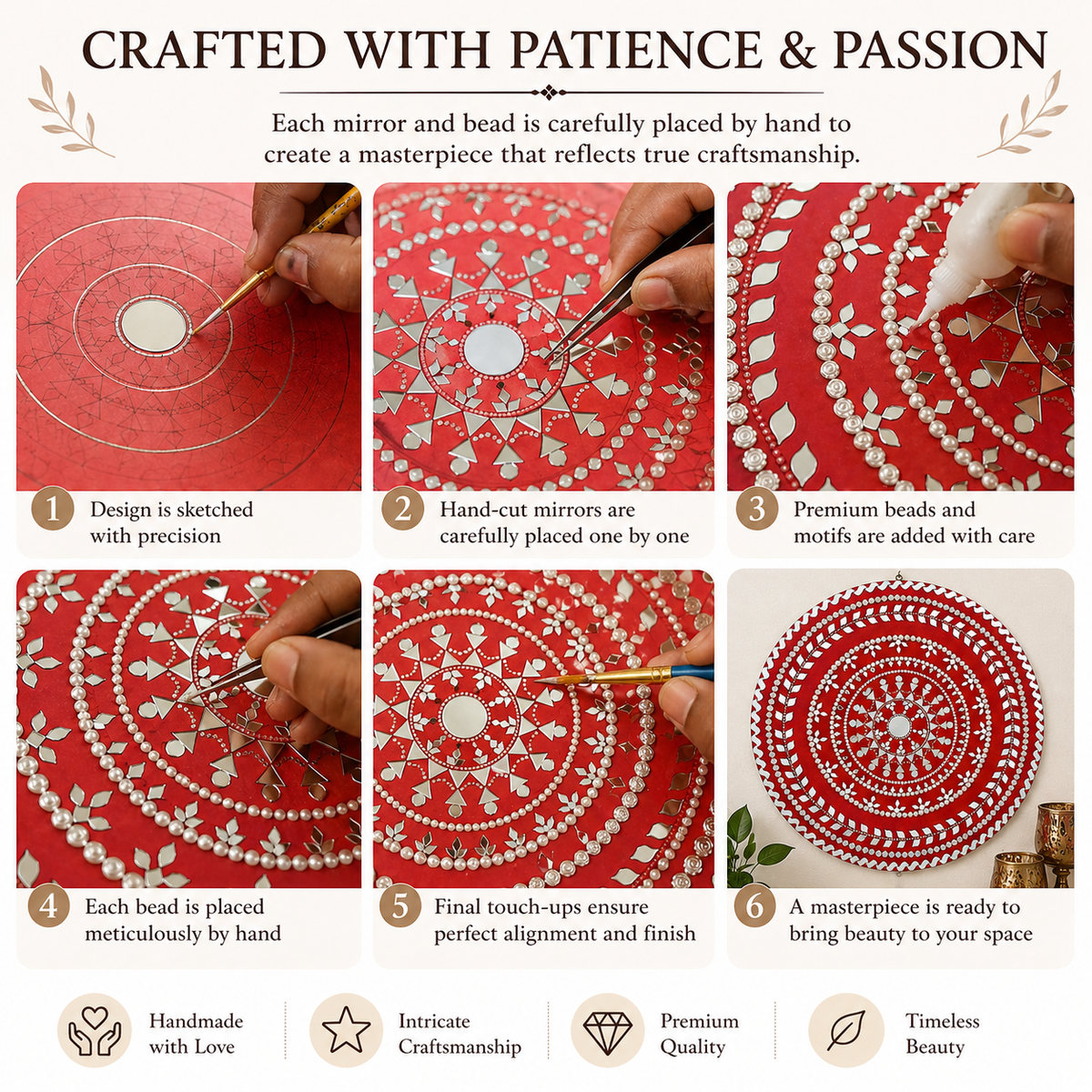 Handmade Mandala Wall Mirror - Indian Wooden Wall Art, Decorative Art Decor - Ira World Art LLC