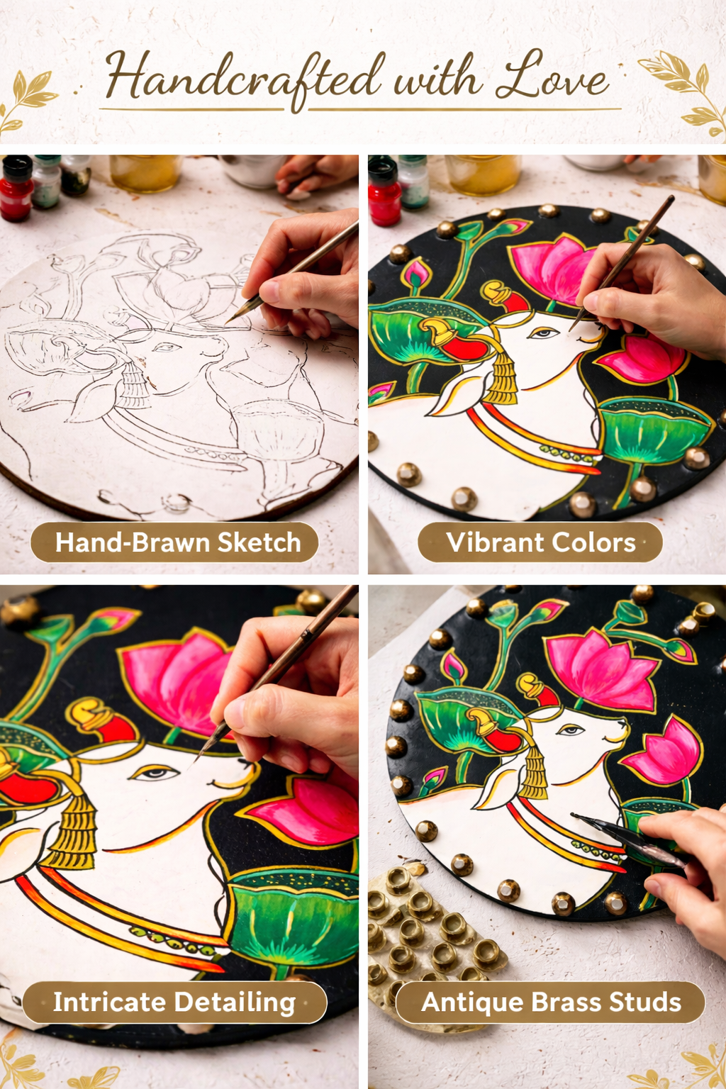 Handmade Pichwai Cow Painting & Kamdhenu Lotus Wooden, Spiritual Indian Wall Decor - Ira World Art LLC