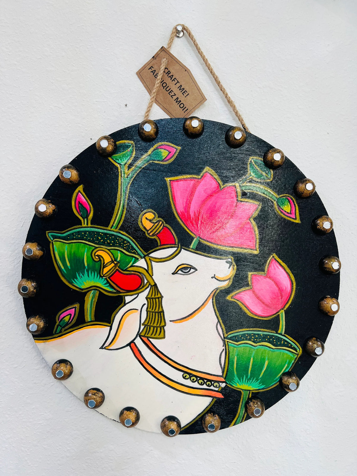Handmade Pichwai Cow Painting & Kamdhenu Lotus Wooden, Spiritual Indian Wall Decor - Ira World Art LLC