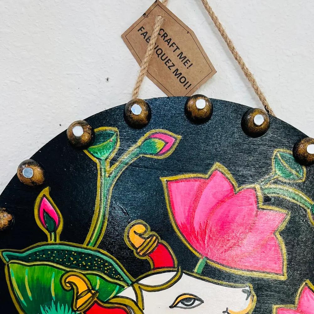Handmade Pichwai Cow Painting & Kamdhenu Lotus Wooden, Spiritual Indian Wall Decor - Ira World Art LLC