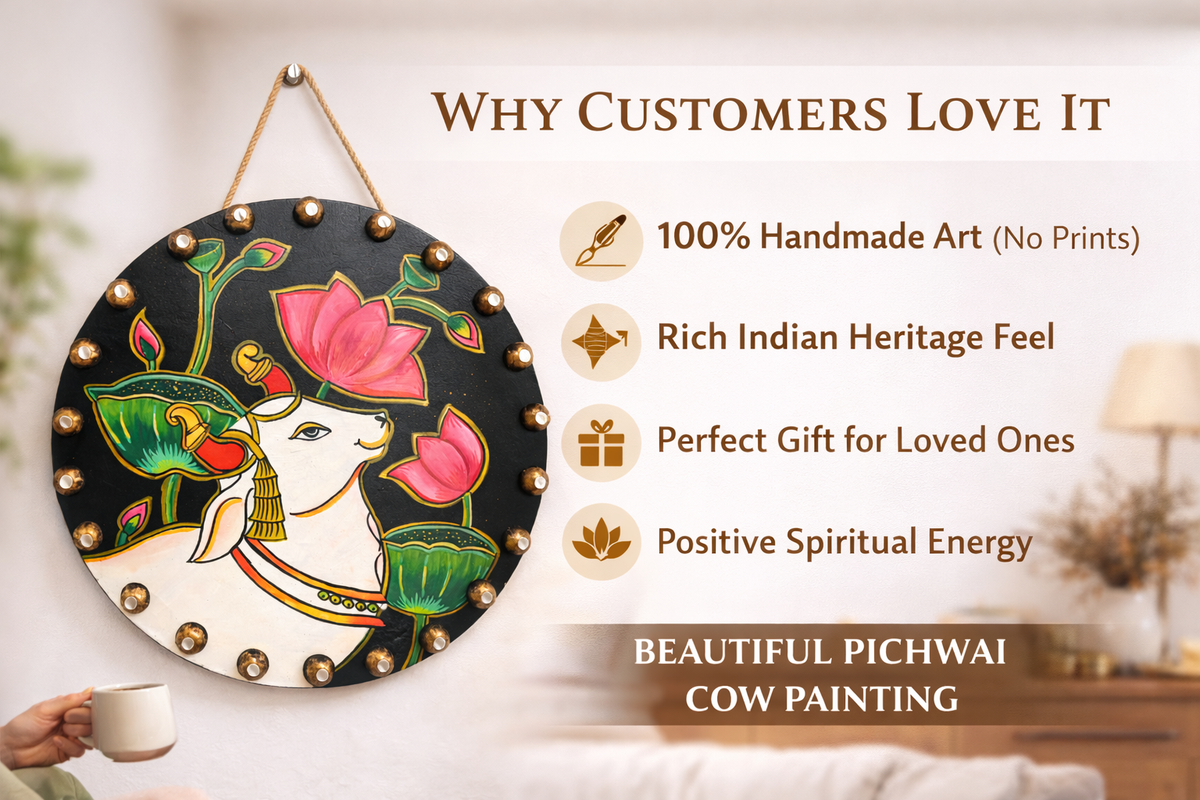 Handmade Pichwai Cow Painting & Kamdhenu Lotus Wooden, Spiritual Indian Wall Decor - Ira World Art LLC