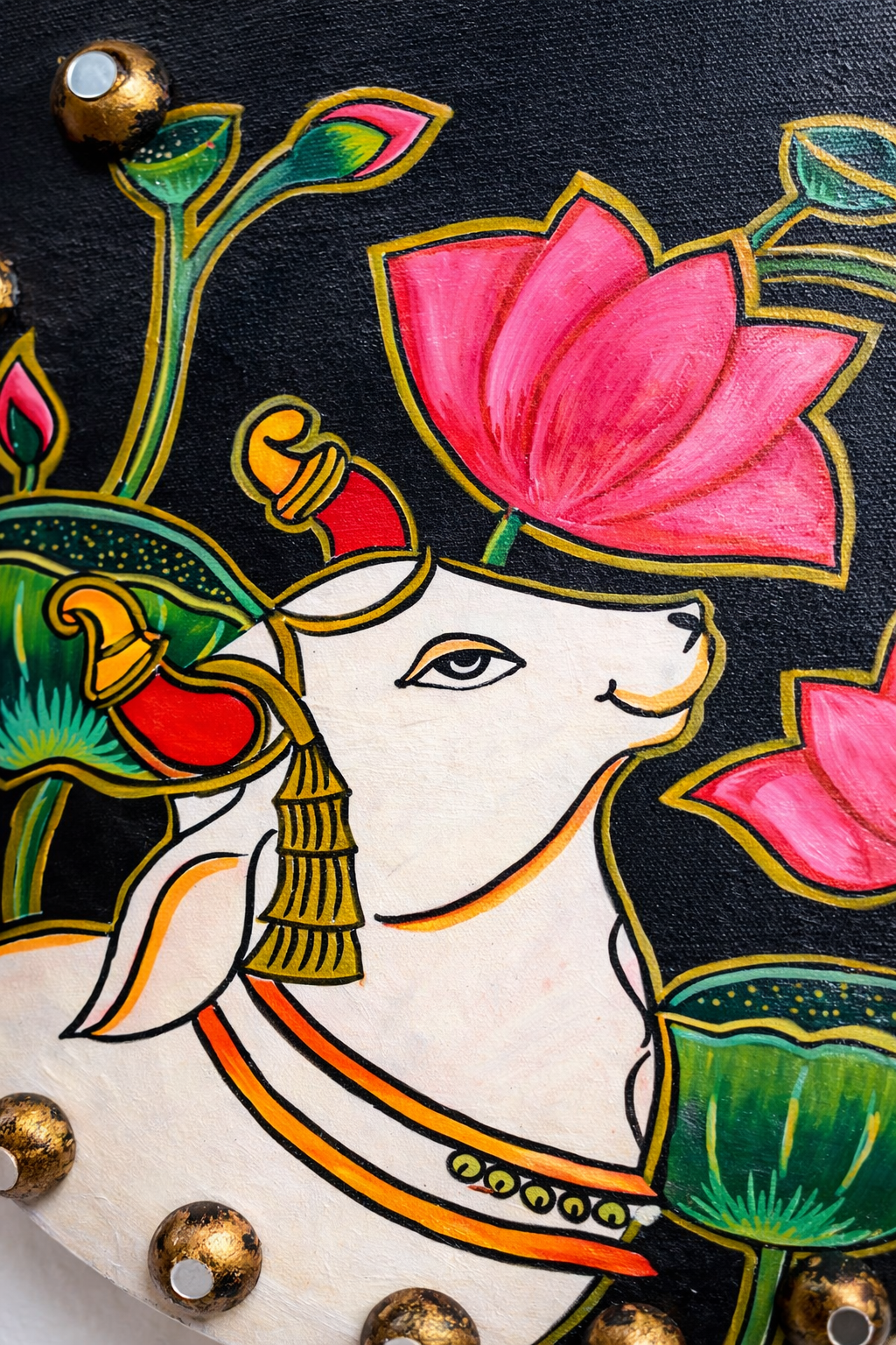 Handmade Pichwai Cow Painting & Kamdhenu Lotus Wooden, Spiritual Indian Wall Decor - Ira World Art LLC