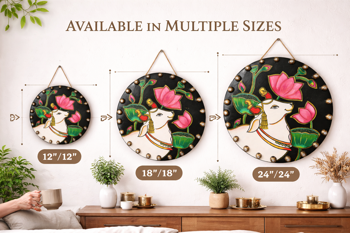 Handmade Pichwai Cow Painting & Kamdhenu Lotus Wooden, Spiritual Indian Wall Decor - Ira World Art LLC