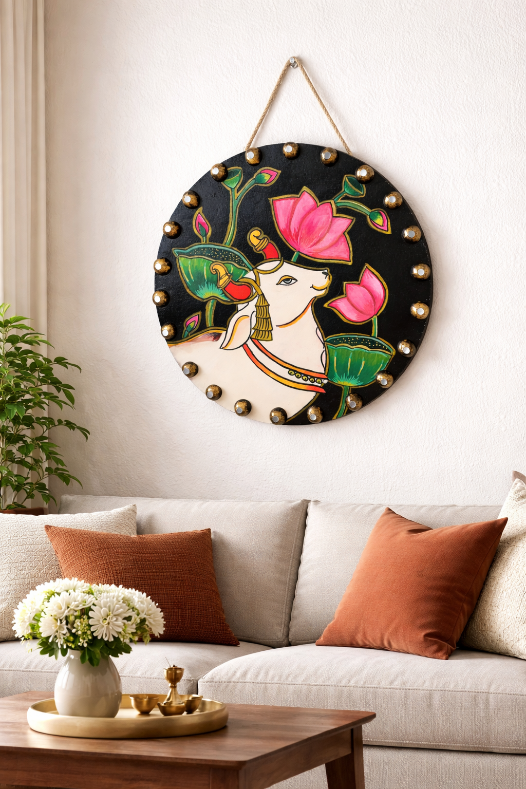 Handmade Pichwai Cow Painting & Kamdhenu Lotus Wooden, Spiritual Indian Wall Decor - Ira World Art LLC
