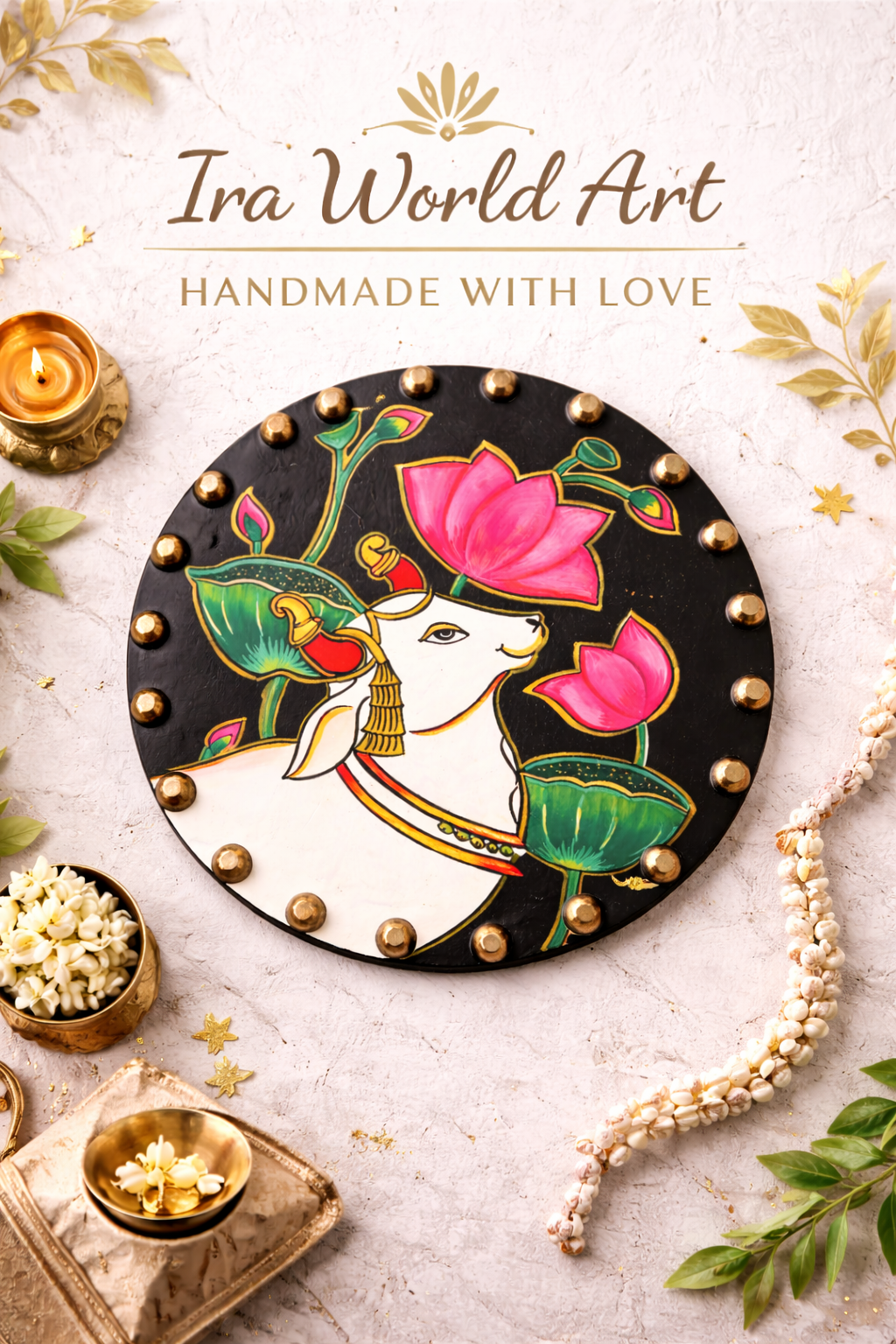 Handmade Pichwai Cow Painting & Kamdhenu Lotus Wooden, Spiritual Indian Wall Decor - Ira World Art LLC