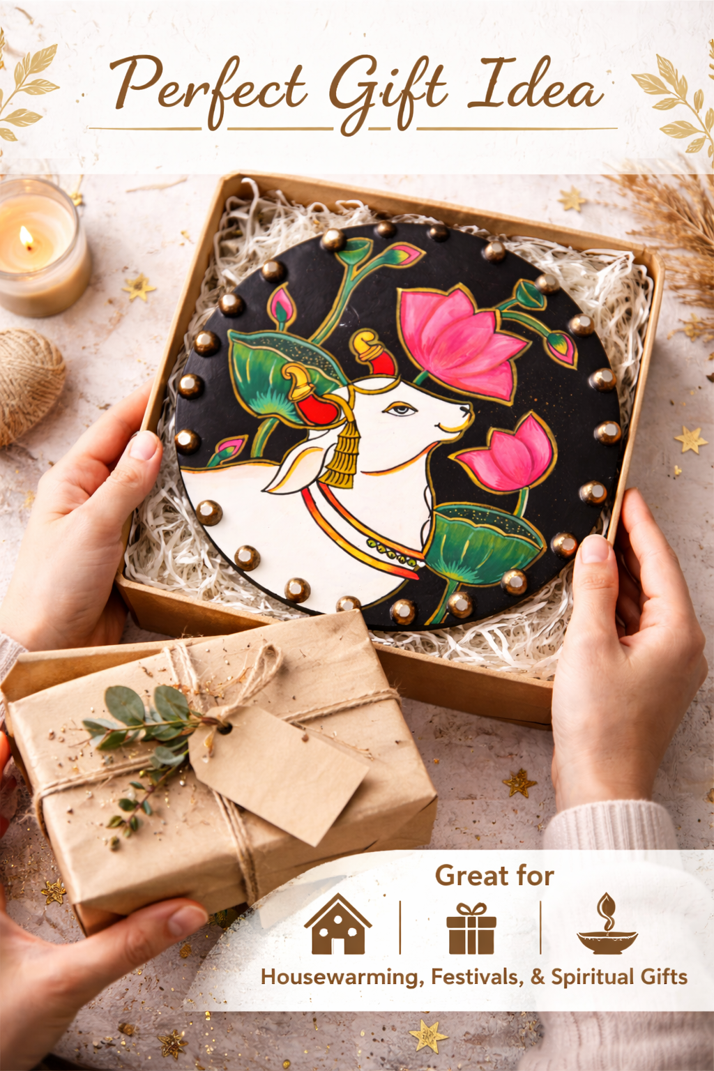 Handmade Pichwai Cow Painting & Kamdhenu Lotus Wooden, Spiritual Indian Wall Decor - Ira World Art LLC