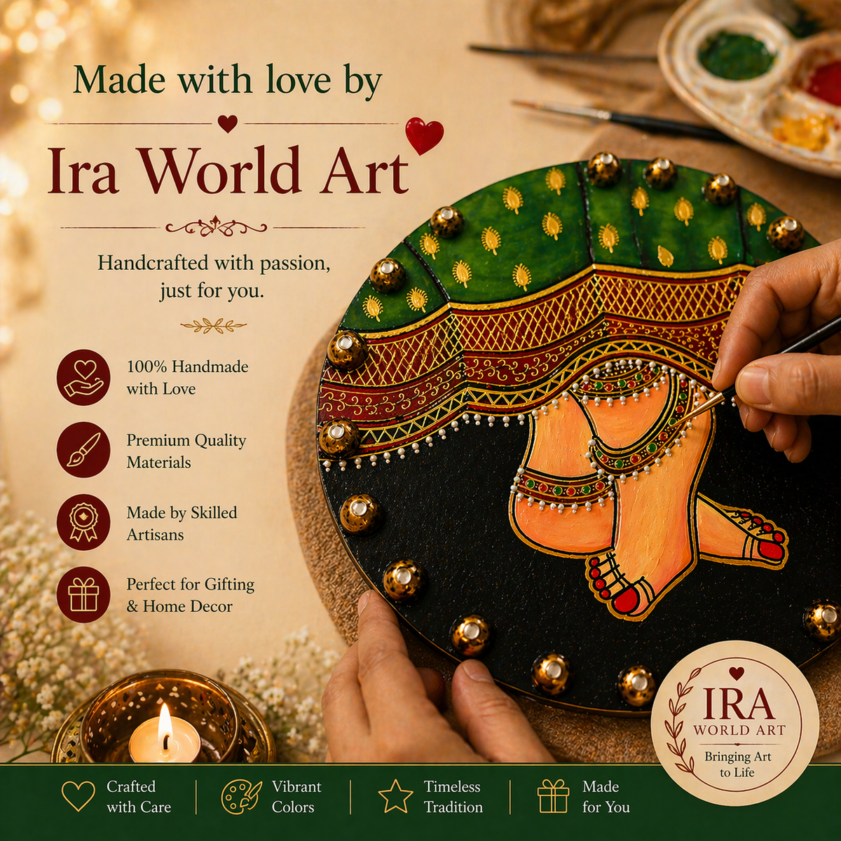 Handmade Radha Feet Painting; Kundan Pichwai Spiritual Wall Art Decor, Wooden Frame - Ira World Art LLC