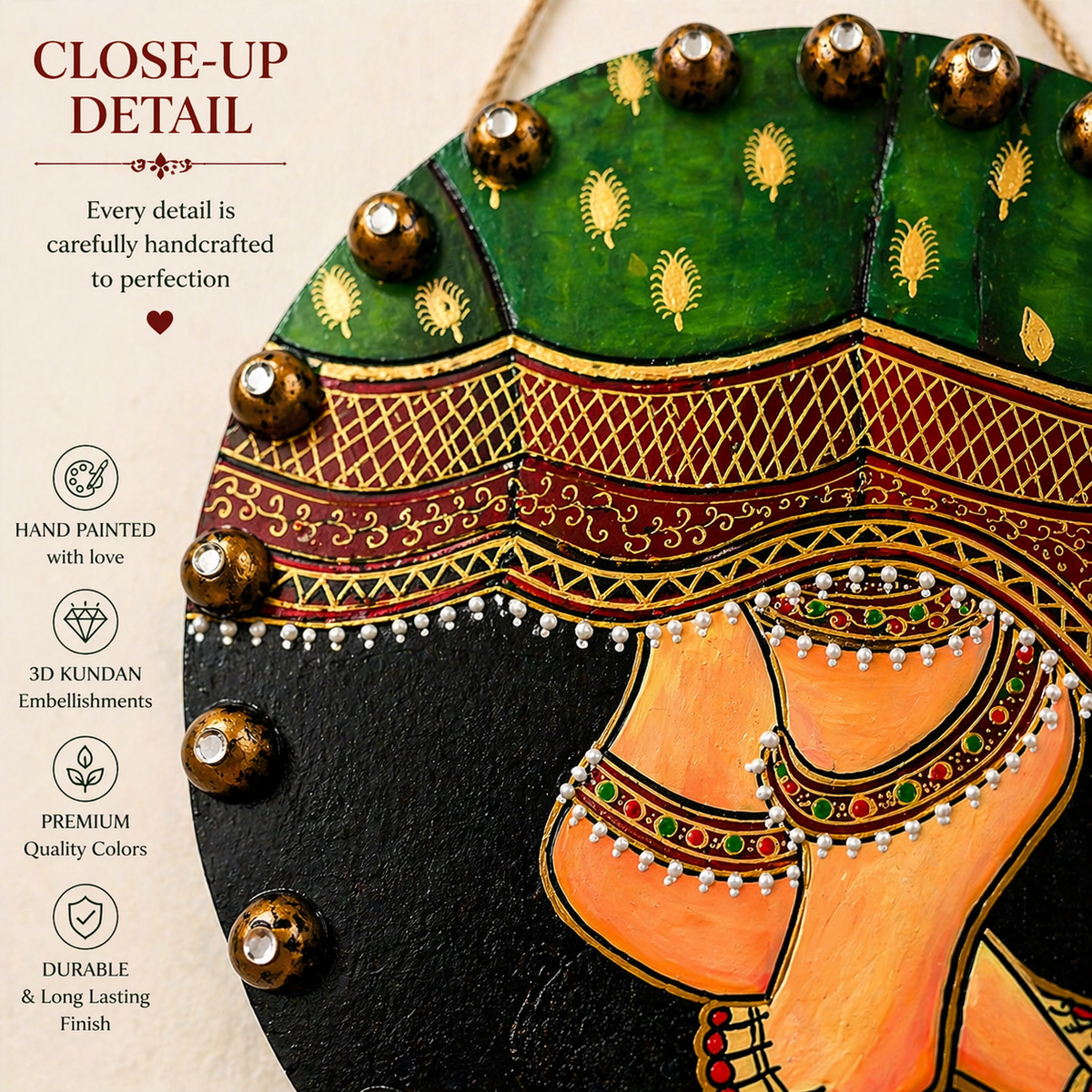 Handmade Radha Feet Painting; Kundan Pichwai Spiritual Wall Art Decor, Wooden Frame - Ira World Art LLC