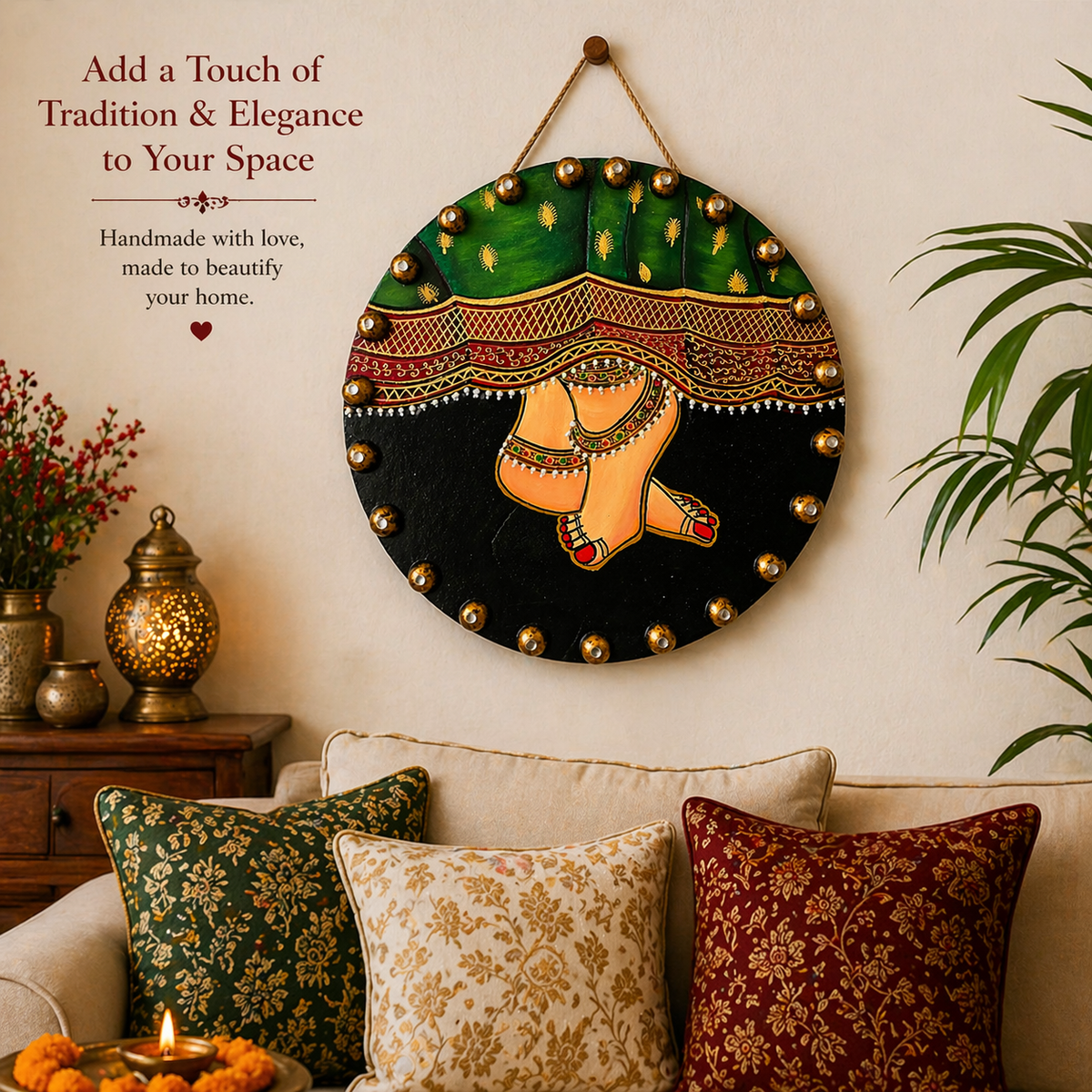 Handmade Radha Feet Painting; Kundan Pichwai Spiritual Wall Art Decor, Wooden Frame - Ira World Art LLC