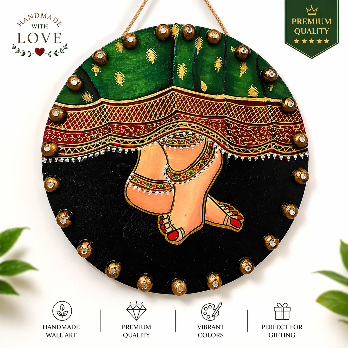 Handmade Radha Feet Painting; Kundan Pichwai Spiritual Wall Art Decor, Wooden Frame - Ira World Art LLC