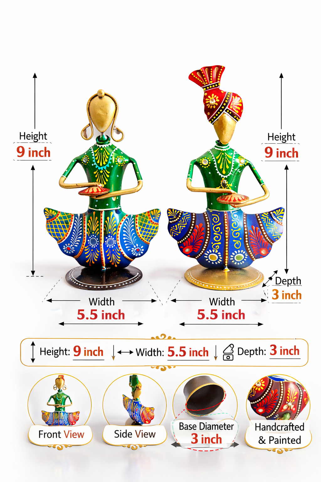 Handmade Rajasthani Figurines Set; Metal Indian Musician Folk Art Sculpture Wall Hanging - Ira World Art LLC