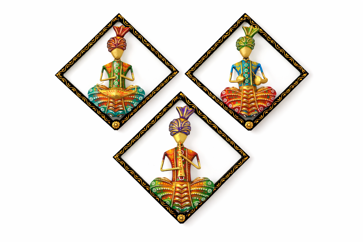 Handmade Rajasthani Figurines Set; Metal Indian Musician Folk Art Sculpture Wall Hanging - Ira World Art LLC