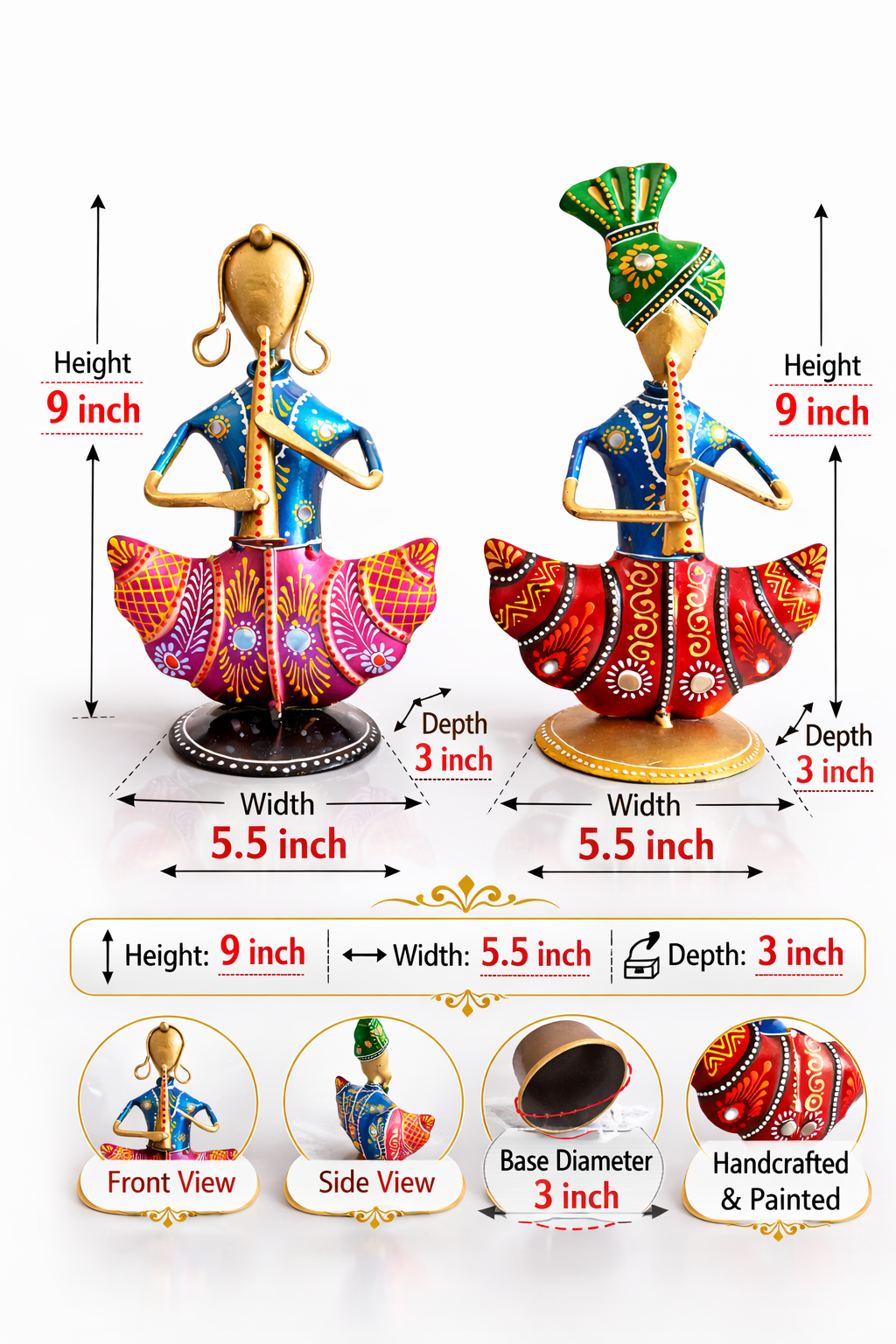 Handmade Rajasthani Figurines Set; Metal Indian Musician Folk Art Sculpture Wall Hanging - Ira World Art LLC