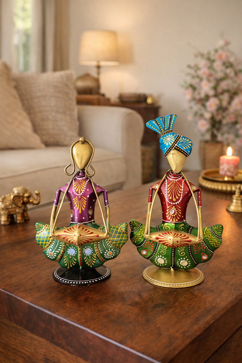Handmade Rajasthani Figurines Set; Metal Indian Musician Folk Art Sculpture Wall Hanging - Ira World Art LLC