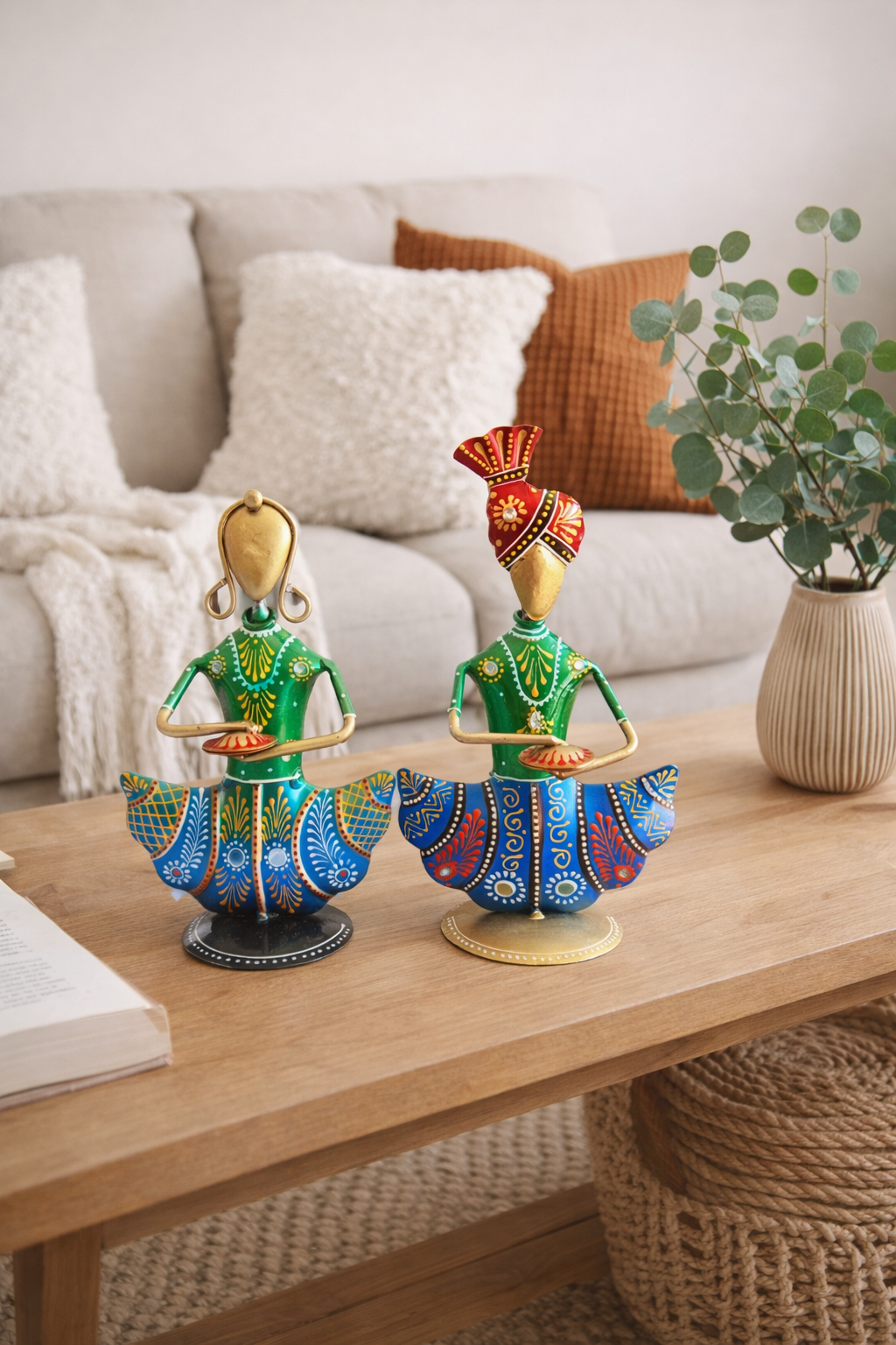 Handmade Rajasthani Figurines Set; Metal Indian Musician Folk Art Sculpture Wall Hanging - Ira World Art LLC