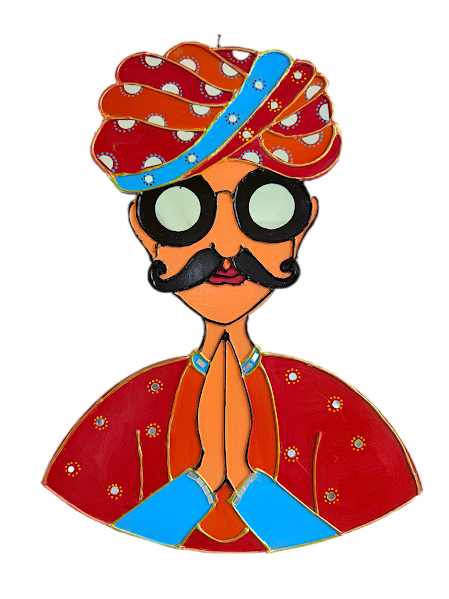 Traditional Indian Couple Wall Art – Handmade Rajasthani Namaste Décor (18"x13") - Ira World Art LLC