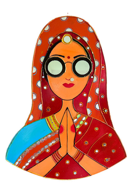 Traditional Indian Couple Wall Art – Handmade Rajasthani Namaste Décor (18"x13") - Ira World Art LLC