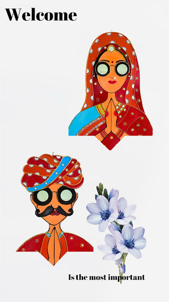 Traditional Indian Couple Wall Art – Handmade Rajasthani Namaste Décor (18"x13") - Ira World Art LLC