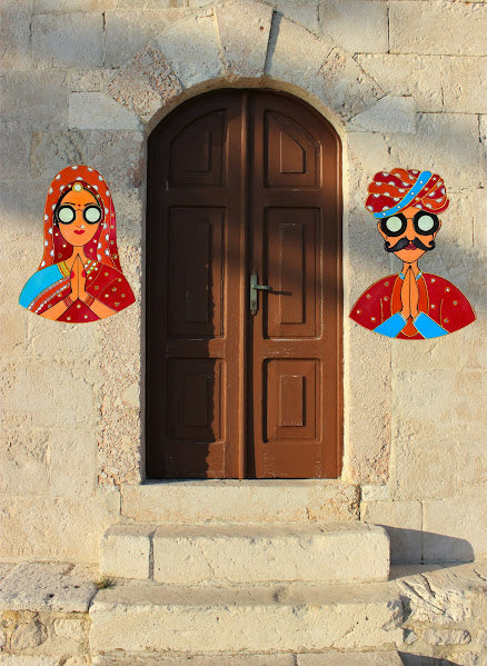 Traditional Indian Couple Wall Art – Handmade Rajasthani Namaste Décor (18"x13") - Ira World Art LLC