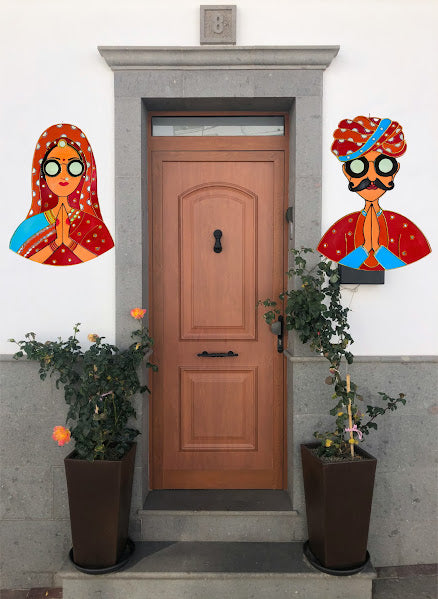 Traditional Indian Couple Wall Art – Handmade Rajasthani Namaste Décor (18"x13") - Ira World Art LLC