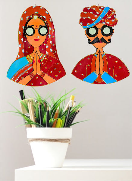 Traditional Indian Couple Wall Art – Handmade Rajasthani Namaste Décor (18"x13") - Ira World Art LLC