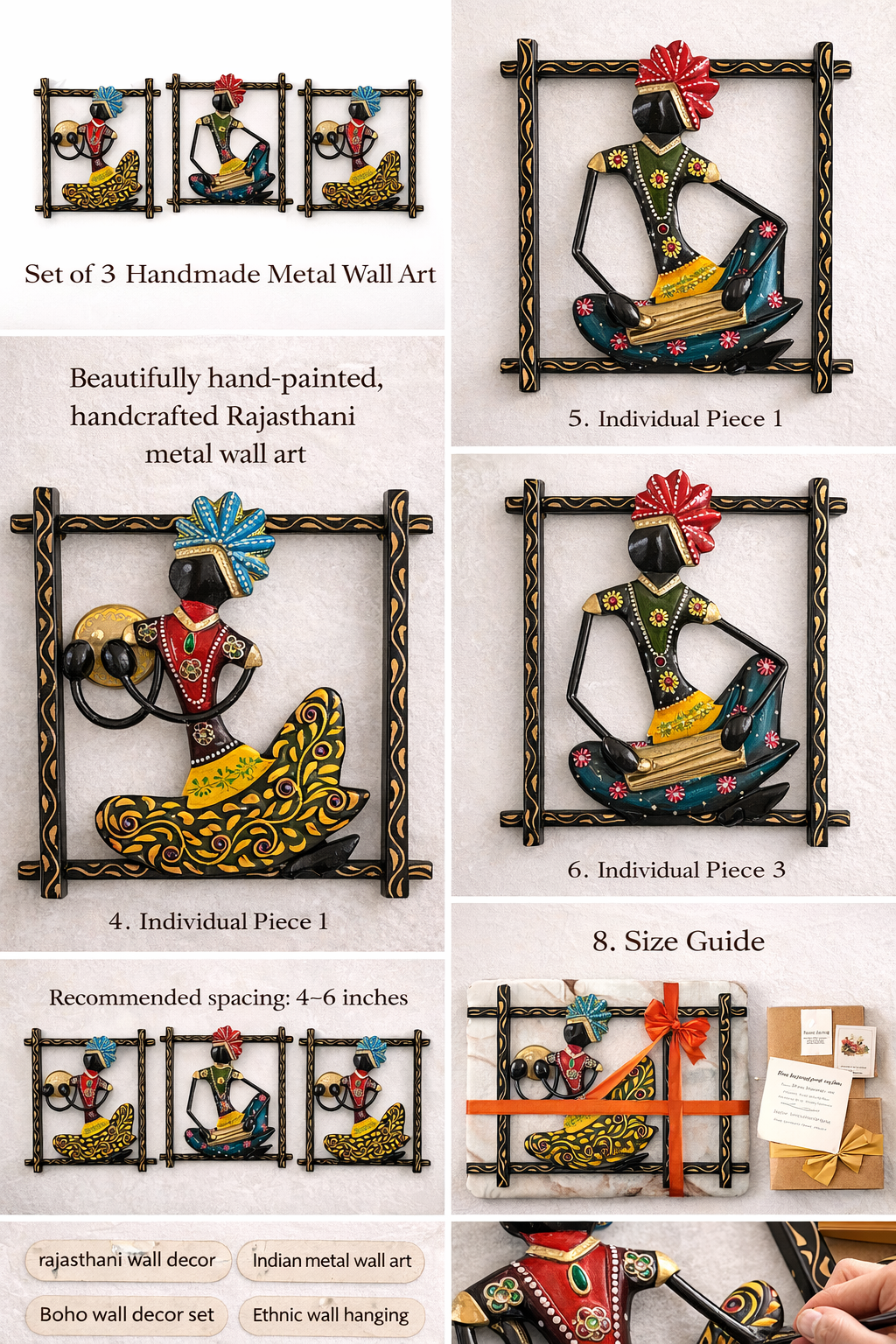 Set of 3 Handmade Rajasthani Ethnic Art Wall Hangings, Handcrafted Sculpture Figurines - Ira World Art LLC