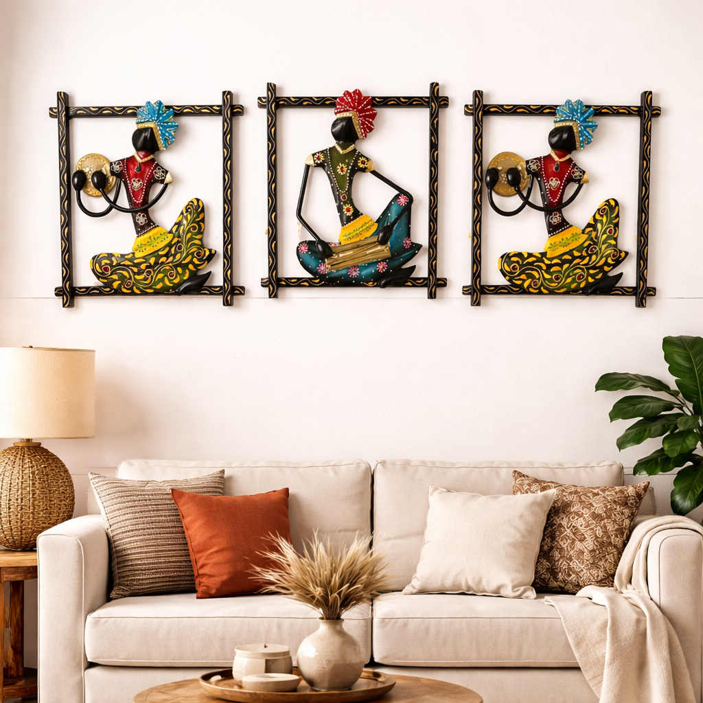 Set of 3 Handmade Rajasthani Ethnic Art Wall Hangings, Handcrafted Sculpture Figurines - Ira World Art LLC