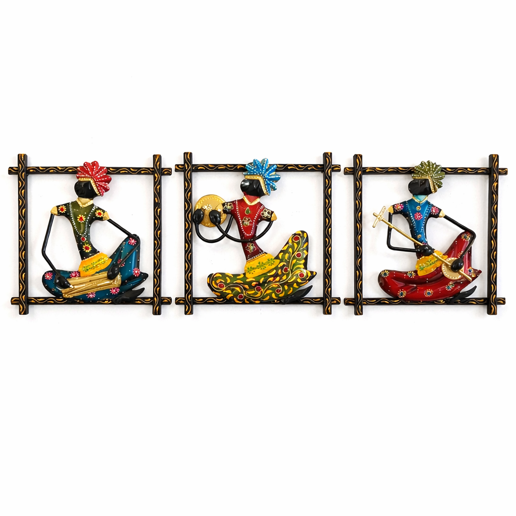 Set of 3 Handmade Rajasthani Ethnic Art Wall Hangings, Handcrafted Sculpture Figurines - Ira World Art LLC