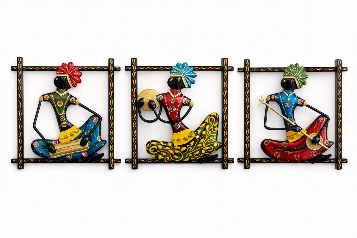Set of 3 Handmade Rajasthani Ethnic Art Wall Hangings, Handcrafted Sculpture Figurines - Ira World Art LLC