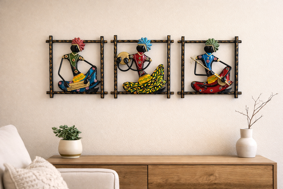 Set of 3 Handmade Rajasthani Ethnic Art Wall Hangings, Handcrafted Sculpture Figurines - Ira World Art LLC