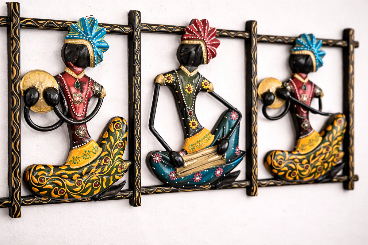 Set of 3 Handmade Rajasthani Ethnic Art Wall Hangings, Handcrafted Sculpture Figurines - Ira World Art LLC