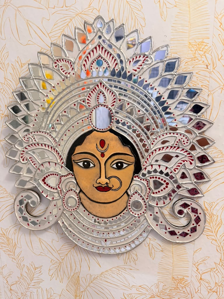 Handmade Durga Face Mirror Wall Art | Traditional Indian Goddess Wall Hanging | Decorative Mirror Mosaic Wall Décor | Available in 18" x 18" & 16" x 16" - Ira World Art LLC