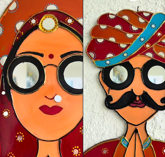 Traditional Indian Couple Wall Art – Handmade Rajasthani Namaste Décor (18"x13") - Ira World Art LLC