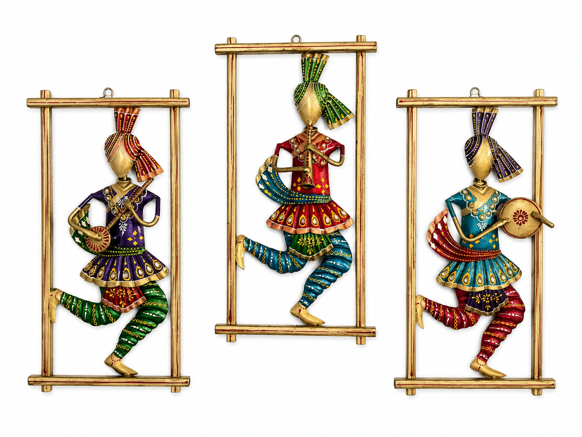 Handcrafted Indian Musician Wall Art Set of 3 | Ethnic Metal Wall Hanging | Colorful Traditional Home Decor - Ira World Art LLC
